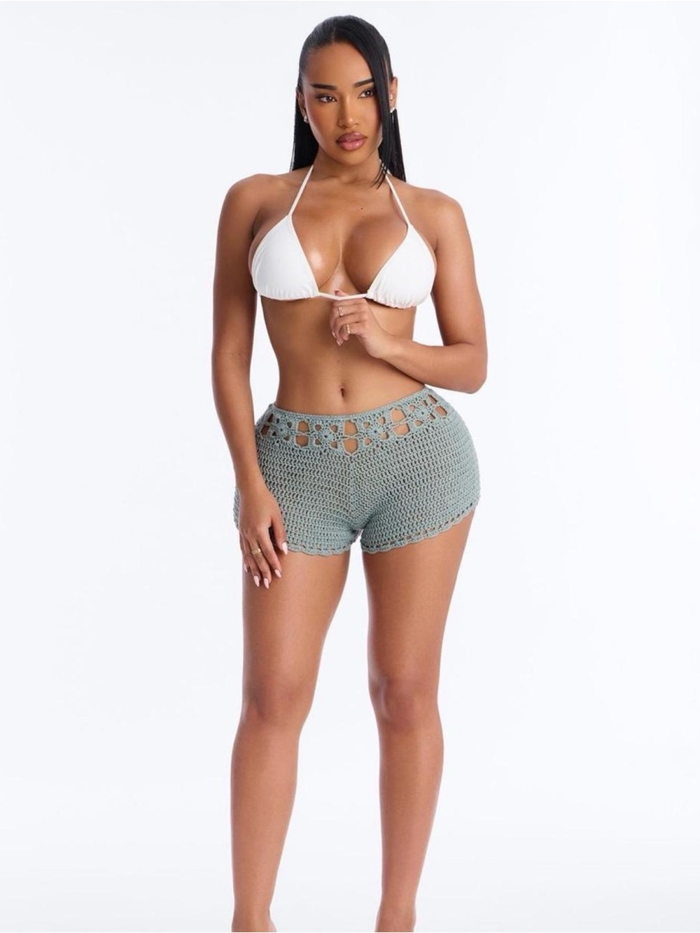 Fashion Nova Crochet Beach Shorts in Sage